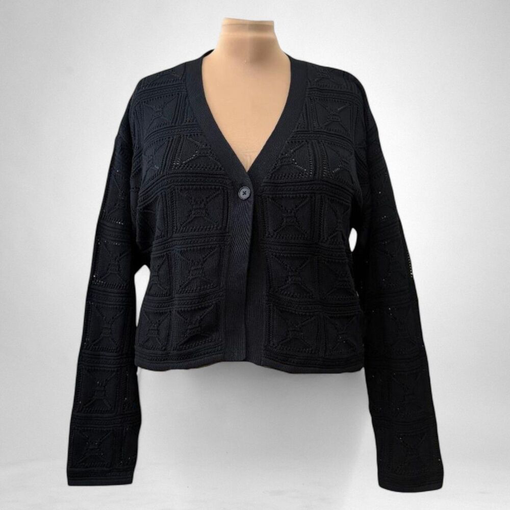 THE DROP Lee One Button Black Open Weave Cardigan, NWT! Size 2X